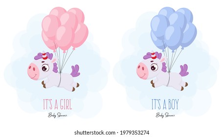 Baby Shower greeting card with cute magic unicorn flying on balloons. Funny magic unicorn cartoon character. It's a boy. It's a girl. Bright colored childish stock vector illustration.