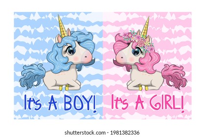 Baby Shower Greeting Card with cute Cartoon Unicorn girl and boy.