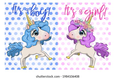 Baby Shower Greeting Card with cute Cartoon Unicorn girl and boy.