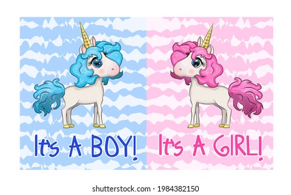 Baby Shower Greeting Card with cute Cartoon Unicorn girl and boy.