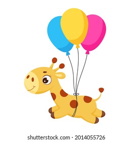 Baby Shower greeting card with cute little giraffe flying on balloons. Funny cartoon character for print, greeting cards, baby shower, invitation, wallpapers, home decor. Vector stock illustration.