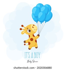 Baby Shower greeting card with cute little giraffe flying on blue balloons. Funny cartoon character with phrase "It's a boy". Bright colored childish stock vector illustration.