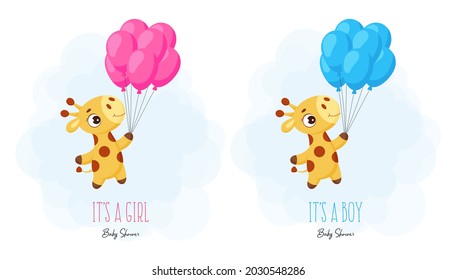 Baby Shower greeting card with cute little giraffe flying on balloon. Funny cartoon character. It's a boy. It's a girl. Bright colored childish stock vector illustration.