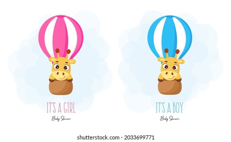 Baby Shower greeting card with cute little giraffe flying on hot air balloon. Funny cartoon character. It's a boy. It's a girl. Bright colored childish stock vector illustration.