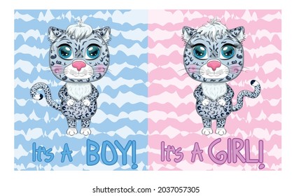 Baby Shower greeting card with Cute boy and girl. Cartoon snow leopard couple with expressive eyes. leopard snow, irbis