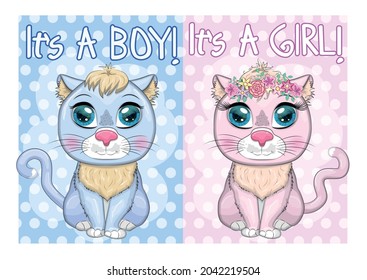 Baby Shower greeting card with Cute Kittens boy and girl