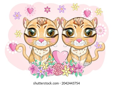 Baby Shower greeting card with Cute boy and girl. Asian golden cat with characteristic spots and colors