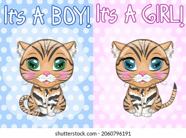 Baby Shower greeting card with Cute boy and girl. Black footed cat with beautiful eyes in cartoon style, colorful illustration for children. Felis nigripes cat with characteristic spots and colors