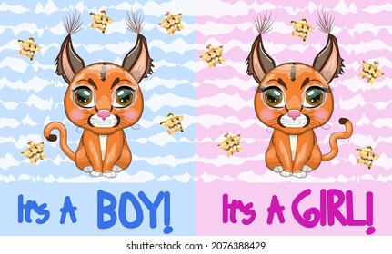 Baby Shower greeting card with Cute boy and girl. Caracal steppe lynx with beautiful eyes in cartoon style, colorful illustration for children. Caracal cat with characteristic ears, spots and color