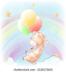 Baby shower greeting card with cute giraffe flying on balloons
