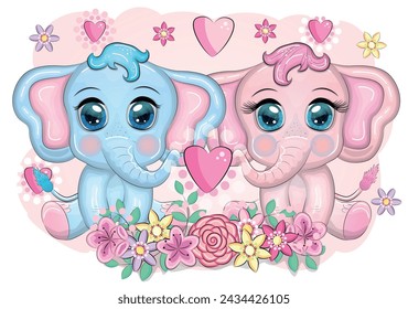 Baby Shower greeting card with Cute Elephant boy and girl with beautiful eyes with a butterfly, children's illustration