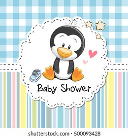 Baby Shower Greeting Card with cute Cartoon Penguin boy