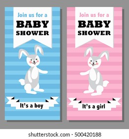 Baby shower greeting card with cute animals boy and girl. Vector illustration