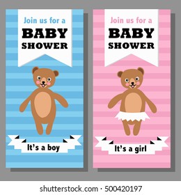 Baby shower greeting card with cute animals boy and girl. Vector illustration