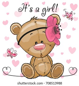 Baby Shower Greeting Card with cute Cartoon Teddy Bear girl