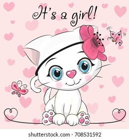 Baby Shower Greeting Card with cute white kitten girl