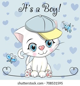 Baby Shower Greeting Card with cute Cartoon White kitten boy