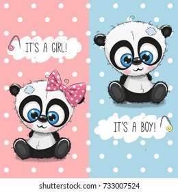 Baby Shower greeting card with cute Pandas boy and girl