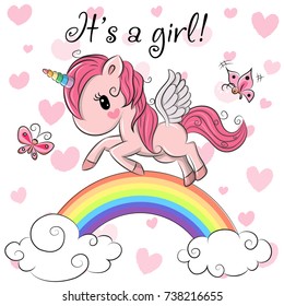 Baby Shower Greeting Card with Cute Unicorn girl