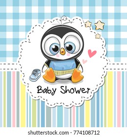 Baby Shower Greeting Card With Cute Cartoon Penguin Boy