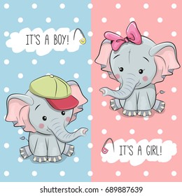 Baby Shower greeting card with Elephants boy and girl