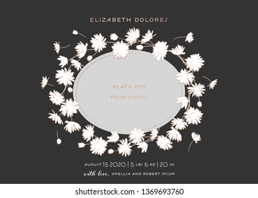 Baby Shower Greeting Card with Floral Frame. Newborn Child Party Invitation Template with Place for Baby Photo and Golden Flowers. Wedding, Save the Date Card. Vector illustration