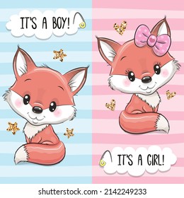 Baby Shower greeting card with Foxes boy and girl