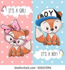 Baby Shower greeting card with Foxes boy and girl