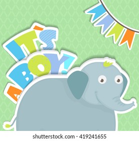 Baby shower (greeting card) with funny elephant, paper stylized. 