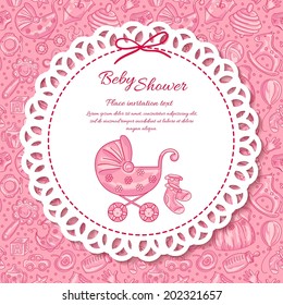 Baby Shower, Greeting Card For Baby Girl, Seamless Pattern Baby Icons