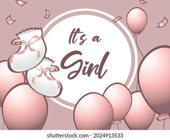 Baby shower greeting card. It's a girl pink greeting card. Realistic balloons and baby girl socks vector illustrations. Greeting or invitation vector card for new born baby girl. 