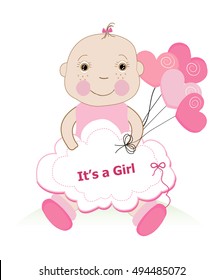 Baby shower greeting card with baby girl and hearts balloon vector illustration