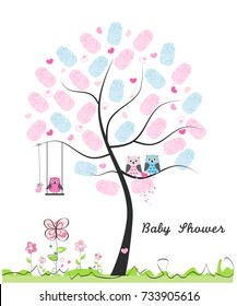 Baby shower greeting card. Baby girl and owl. Owl family with made of finger prints tree 