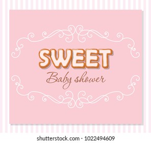 Baby shower greeting card for girls. Elegant frame with sweet letters on pastel pink colors.