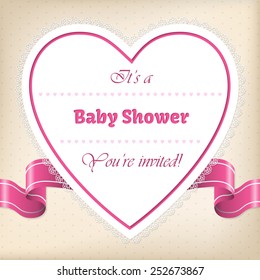 Baby shower greeting card with heart and ribbon