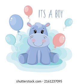 baby shower greeting card with baby hippo. It's a boy