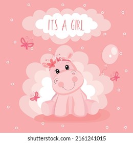 Baby shower greeting card with baby hippo. It's a girl
