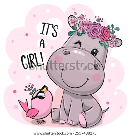 Baby Shower greeting card with Hippo and bird