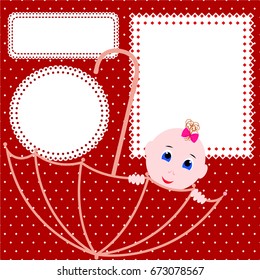 Baby shower greeting card, invitation, banner. Cute little girl, umbrella and three tablets for inscription. Design banner, invitation or greeting card for baby shower. 