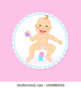 Baby shower greeting card, kid playing with wooden blocks. Infant constructing pyramid of bricks, 6-12 months toddler sitting on floor and smiling. Vector illustration in flat cartoon style