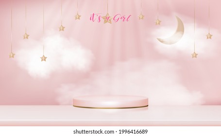 Baby shower greeting card for little girl on pink sky with fluffy background,Vector Cute backdrop for newborn with crescent moon, stars hanging and 3D Cylinder podium with copy space for baby's photos
