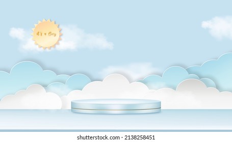 Baby shower greeting card for little boy on sky with fluffy background, Vector Cute backdrop for newborn with sun shining on blue background and 3D Cylinder podium with copy space for baby's photos