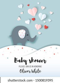 Baby shower greeting card, nursery poster with little elephant and hearts, vector paper art