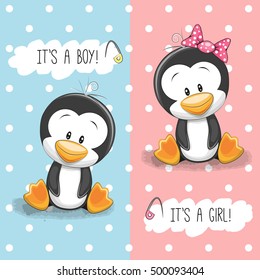 Baby Shower greeting card with Penguins boy and girl