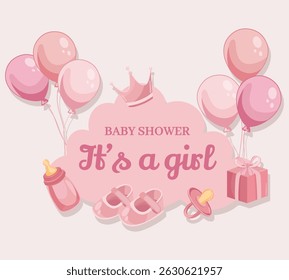 Baby shower greeting card with pink flat illustrations and cute elements for newborn girl announcement and celebration