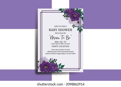 Baby Shower Greeting Card Purple Peony Flower Design Template