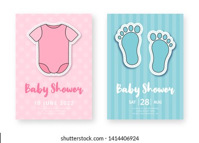 Baby shower greeting card template. Set of cute posters for birthday party, baby shower event. Pink and blue birthday cards for girls and boys with child romper and footprints. Vector