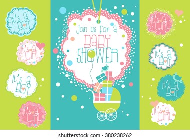 Baby Shower Greeting Card Template and Labels Set