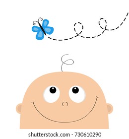 Baby shower greeting card template. Kid face looking up to butterfly. Cute cartoon character. Funny head with hair, eyes, nose, smiling mouth. Its a boy. Flat design style. White background. Vector