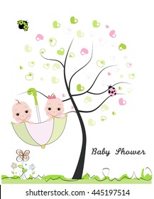 Baby shower greeting card. Twin baby. Made of heart tree. Doodle flowers, baby, ladybird vector illustration